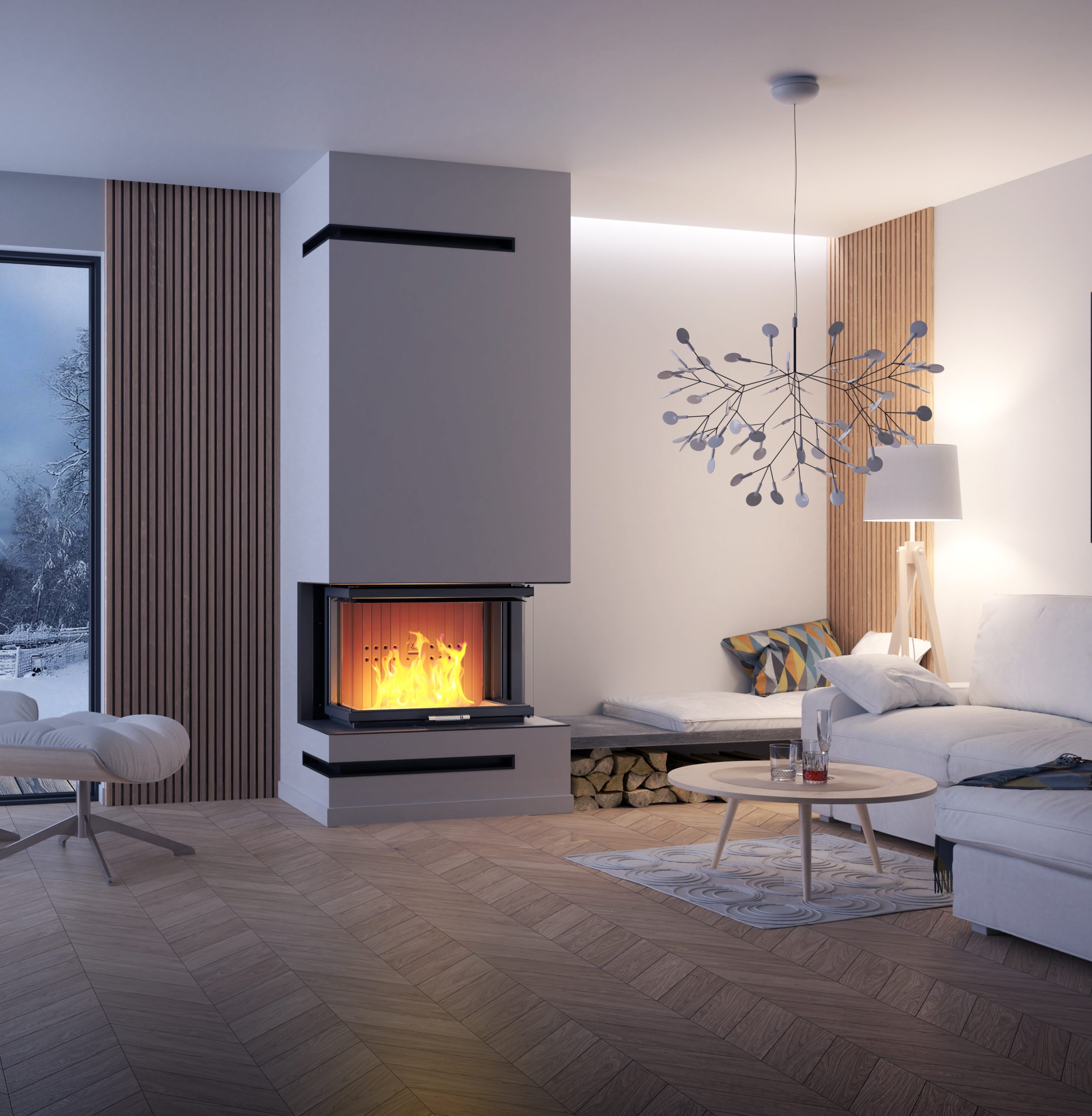 HITZE Trinity C tresidig insatskamin placerad i stilren inredning med naturliga material och modern design.