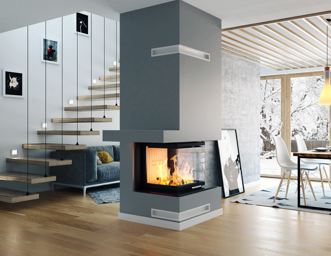 Tresidig insatskamin HITZE Trinity Q installerad som rumsavdelare i modernt vardagsrum med glas på tre sidor.