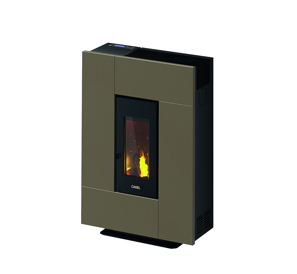 Pelletskamin CADEL Grace 7 i ljus brons metallfinish med modern form och effektiv uppvärmning för hemmet.