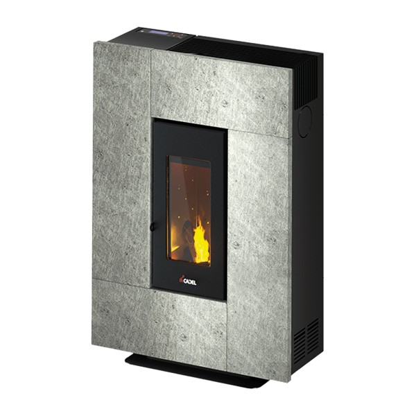 Pelletskamin CADEL Grace 7 med täljsten som lagrar värme och ger jämn uppvärmning i modern och stilren design.