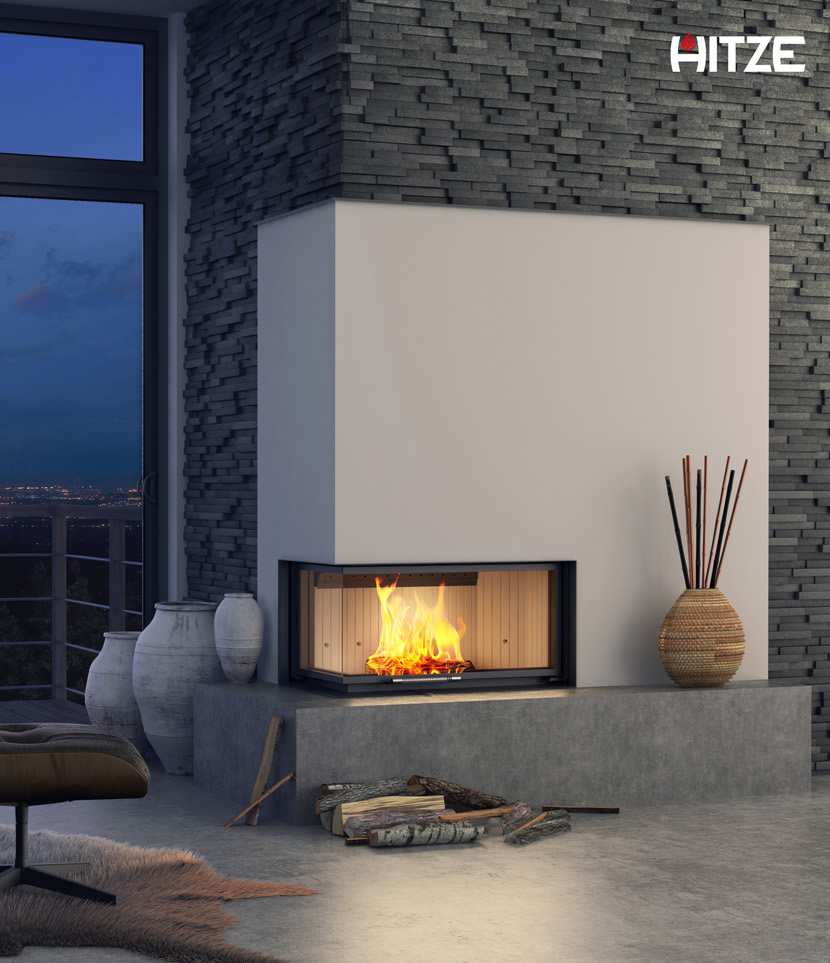 Insatskamin Hitze Albero hörn med hisslucka i modern villa, tvåsidig eldvision