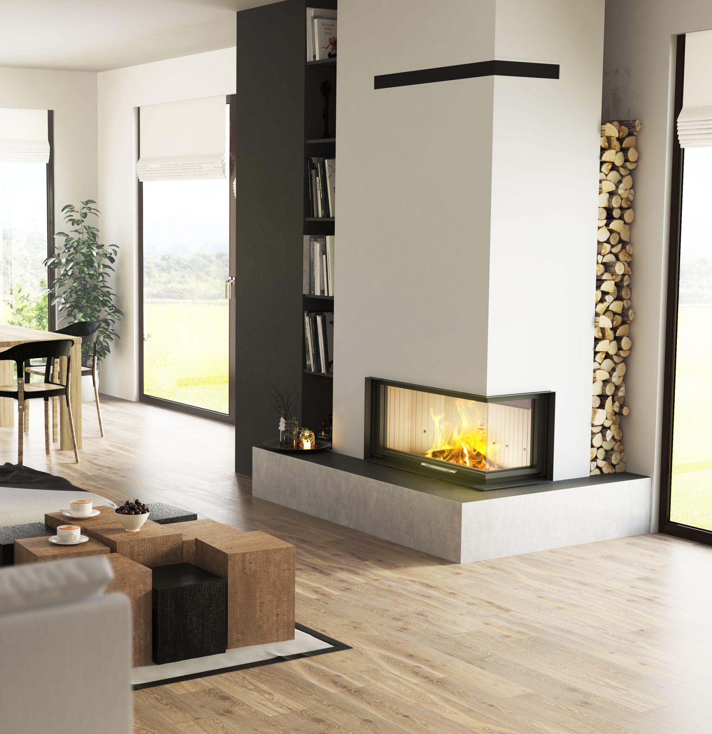 Insatskamin Hitze Albero hörn höger med hisslucka i modern villa, tvåsidig eldvision