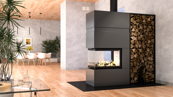 Insatskamin Hitze Trinity tresidig kamin med glas på tre sidor i modern öppen planlösning.