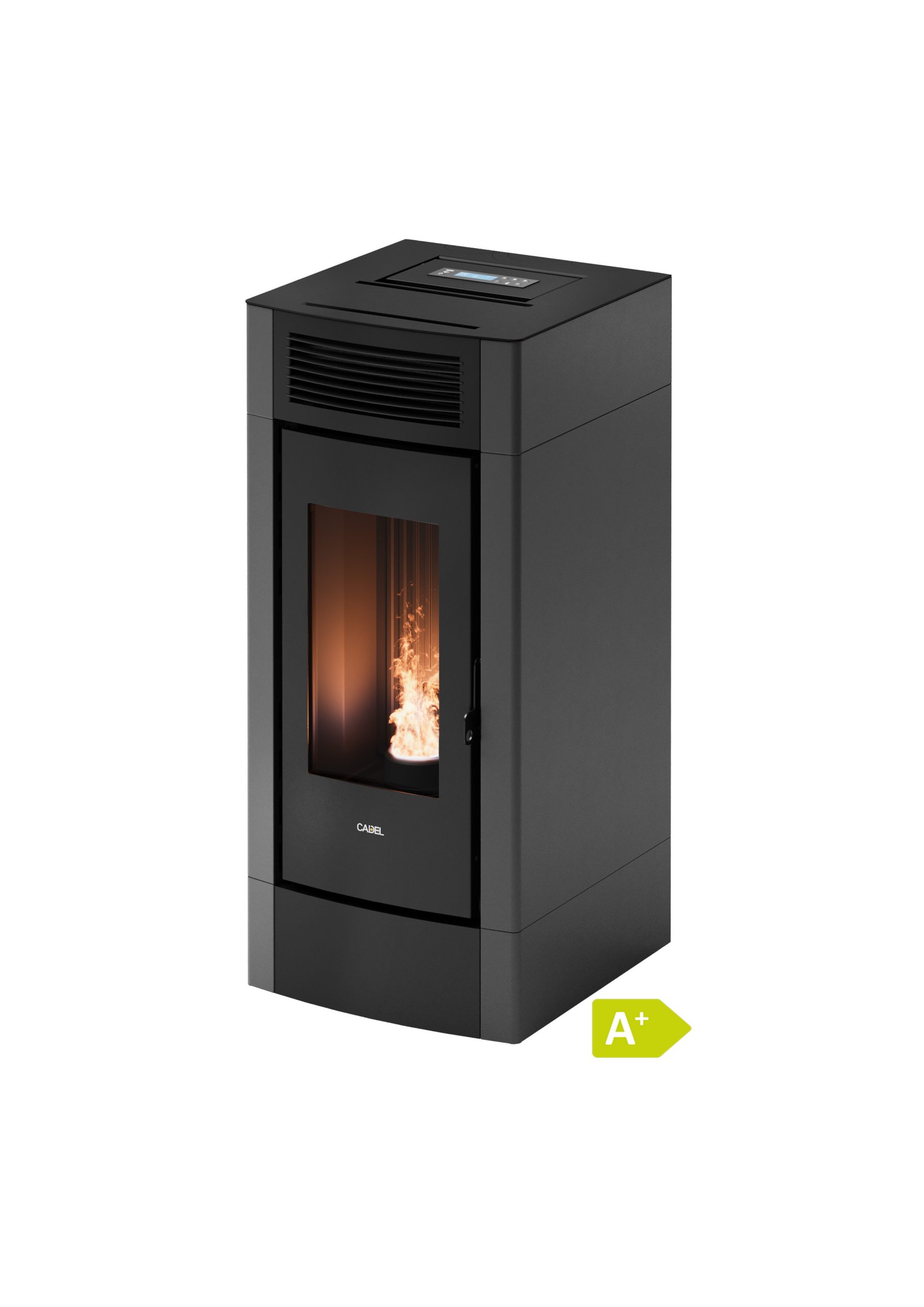 Pelletskamin CADEL Cristal 9 kW med gjutjarnsdorr, sluten forbranningskammare och modern design.