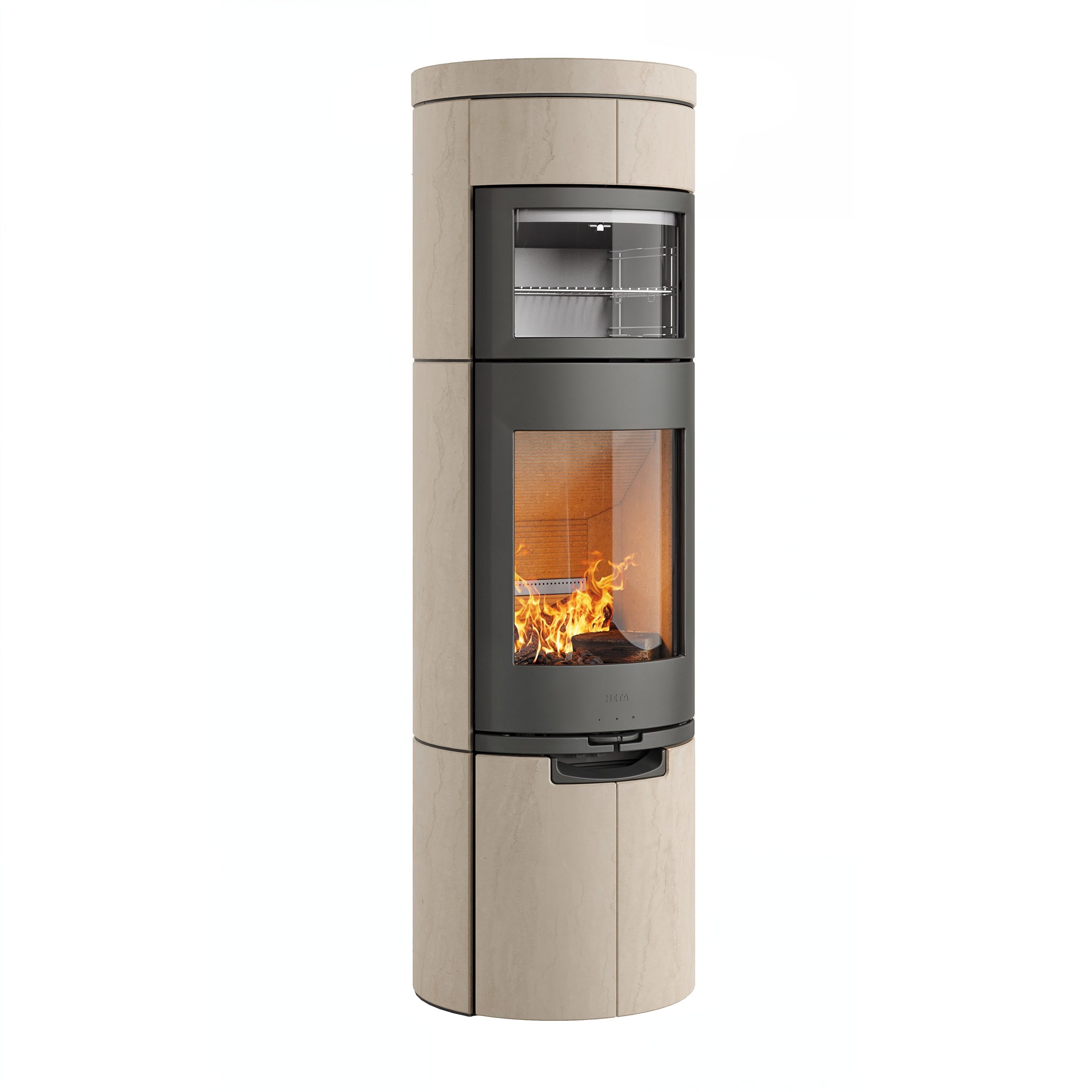 Braskamin HETA Scan-Line 920B Limestone med bakugn och ljus natursten