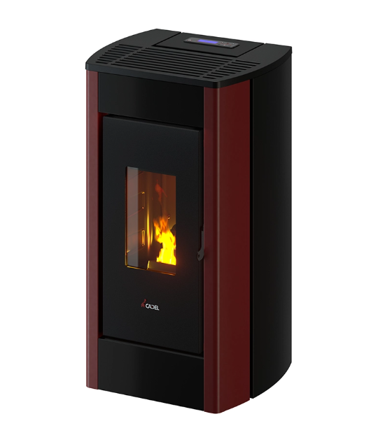 Röd keramisk pelletskamin CADEL Perla 7 kW med modern teknik och effektiv uppvärmning