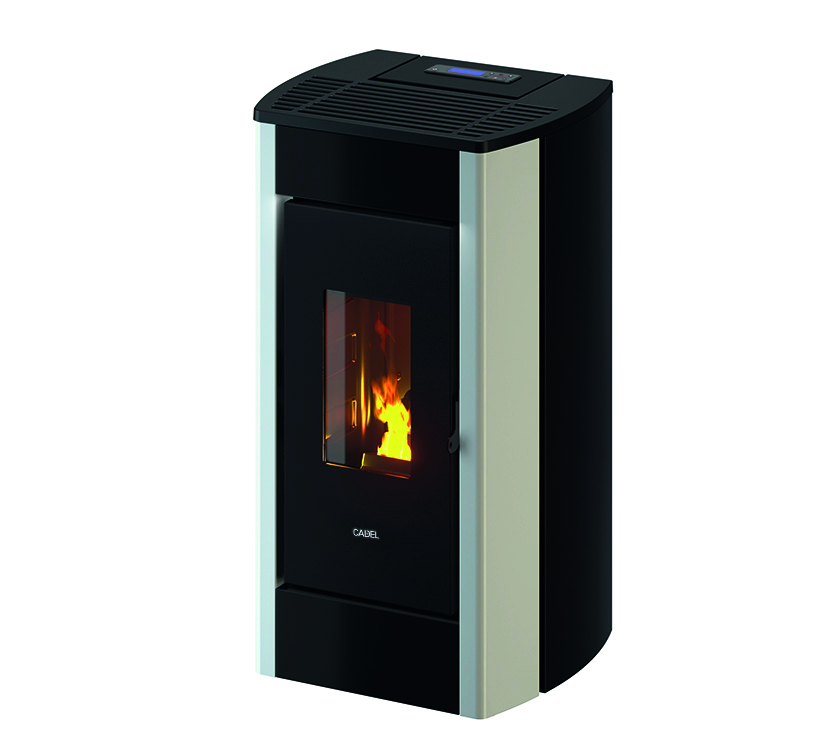 Vit pelletskamin CADEL Perla 7 kW med hög verkningsgrad och modern metallfinish
