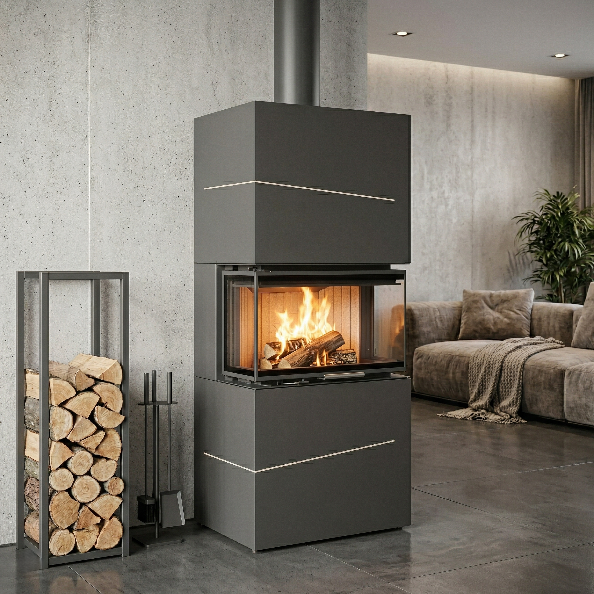 HITZE ALBERO tresidig insatskamin med modern BOX omramning i mörk design för stilrena och moderna hem