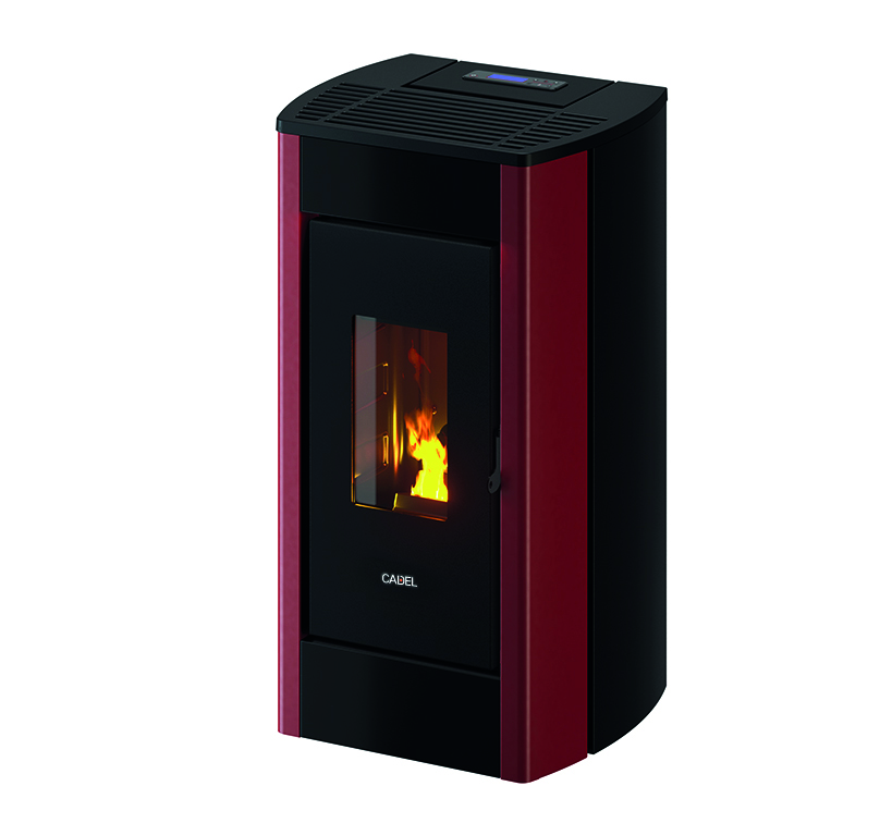 Pelletskamin CADEL Perla 7 kW i rödmetallic med tyst drift och modern design