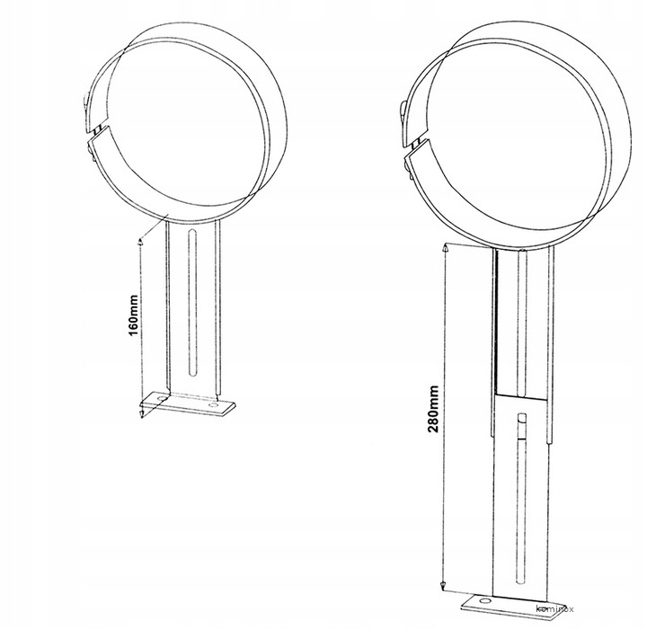Teknisk ritning av BERTRAMS justerbart väggfäste för rökrör och kaminrör 120-200 mm med mått och väggavstånd.